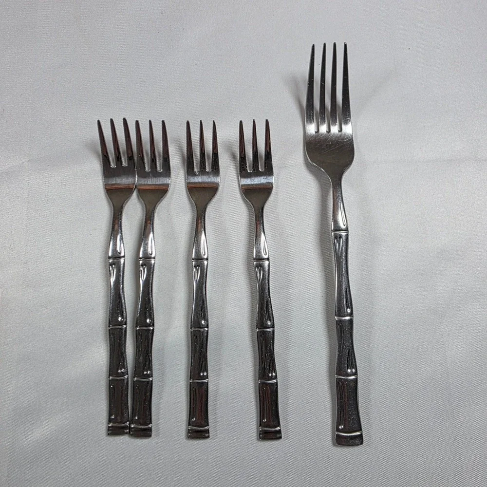Vintage Faux Bamboo Stainless Steel Forks Set of 5 Korea Silver Flatware MCM